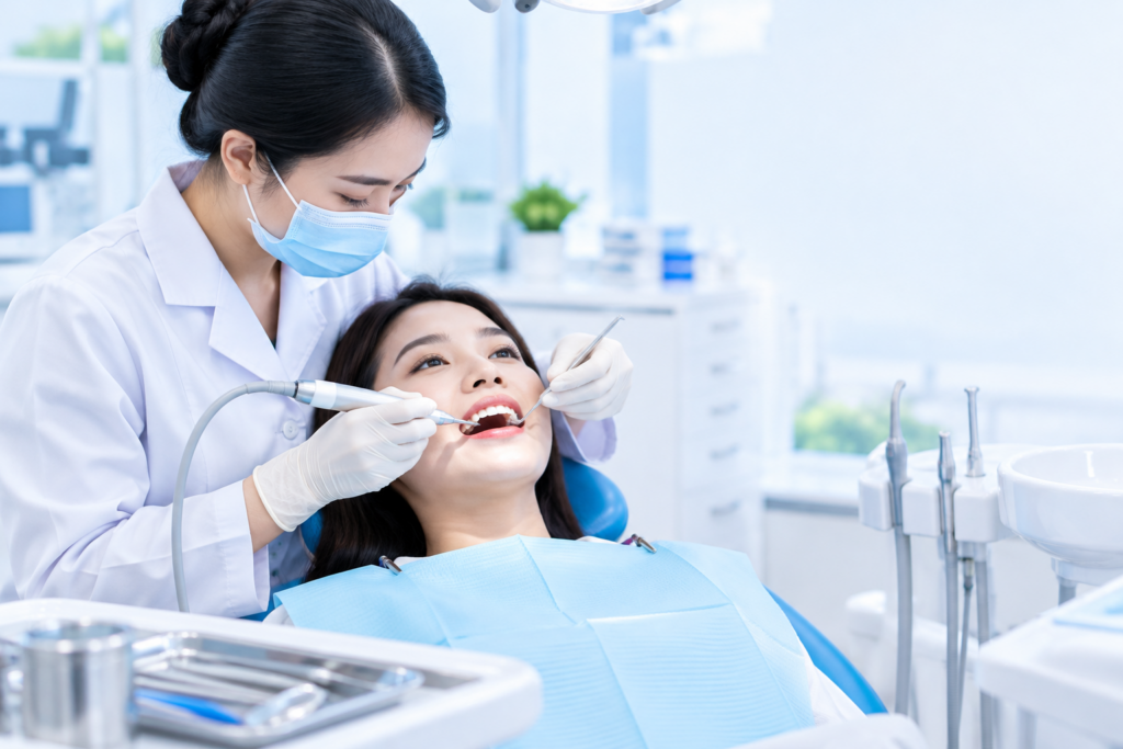 Bác sĩ thực hiện lấy cao răng cho khách hàng tại phòng khám nha khoa hiện đại